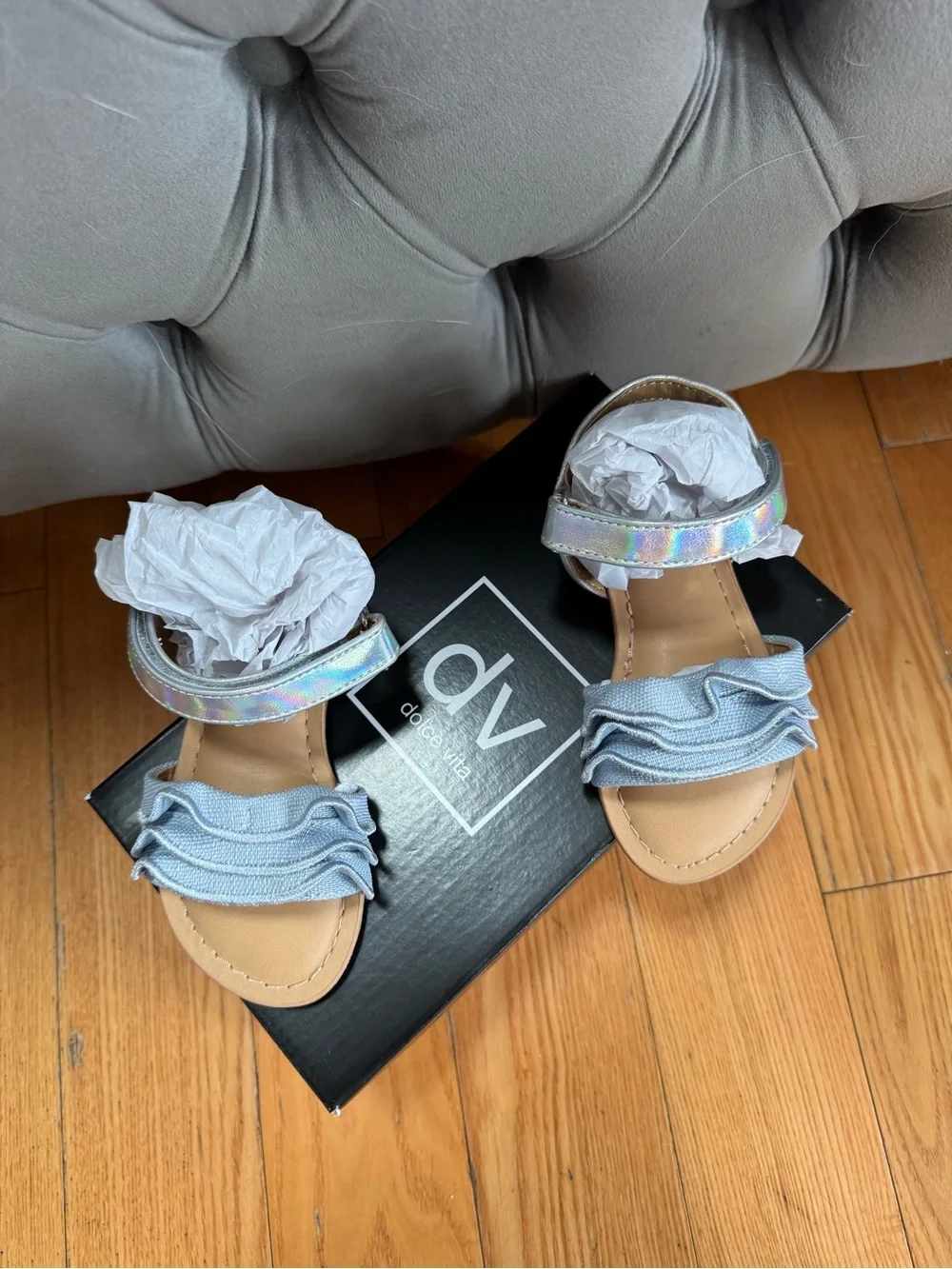 DV by Dolce Vita Girls' Iridescent Ankle Strap Sandals with Light Blue Ruffle